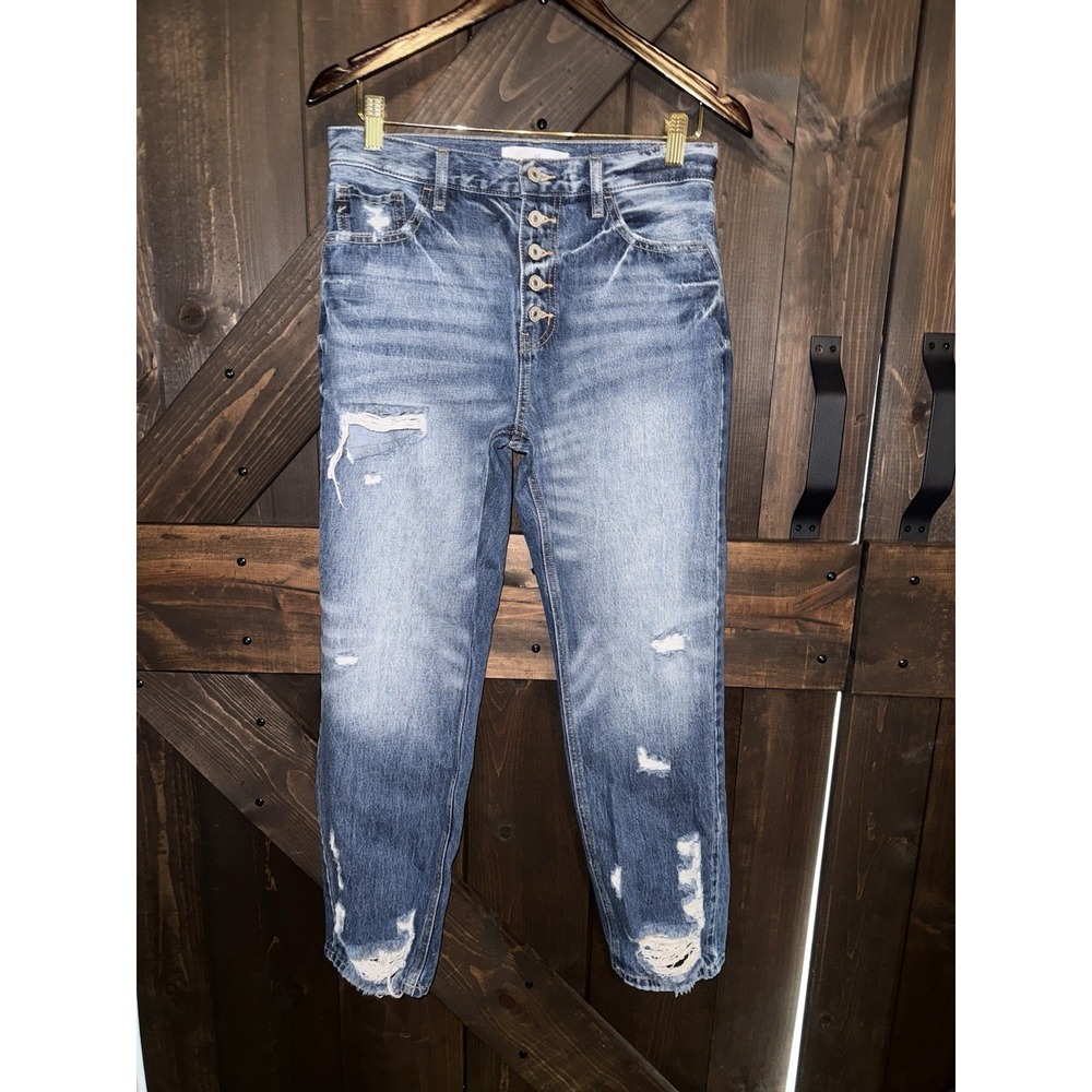 Kancan Women's Sz 7 27 Jeans Distressed Button Fly High Rise Blue Raw Hem Denim